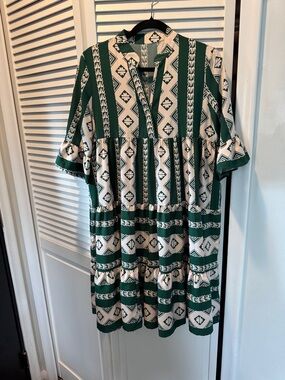 SHEIN Green & Cream Geometric Tiered Shirt Midi Dress